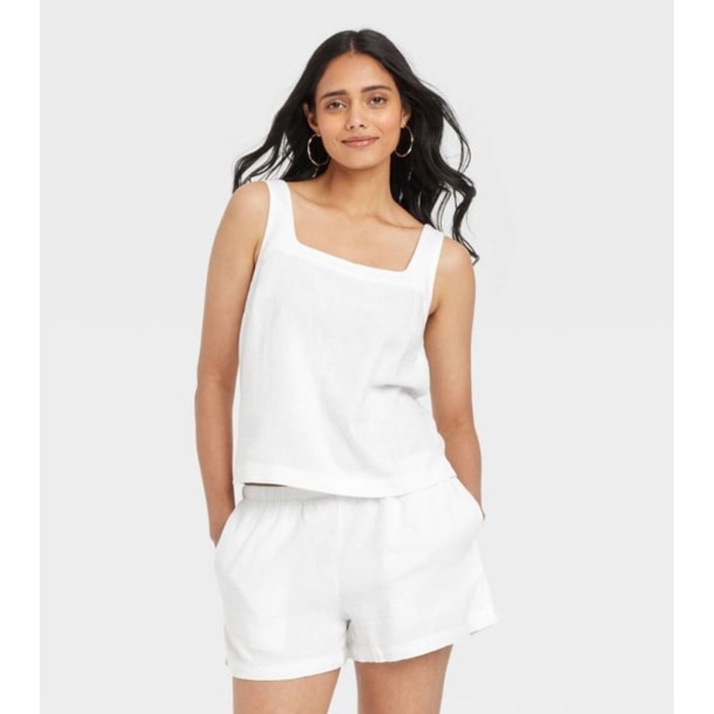 A New Day Linen Tank Top Women S White New Squareneck Sleeveless Loose Fit
